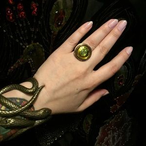 Iridescent Dragonfly Czech Button Bronze Ring AKR designer vintage